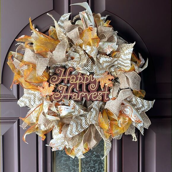 Handmade Fall Autumn Thanksgiving Ribbon Twine Wreath Made on 8” Ring - Picture 7 of 7